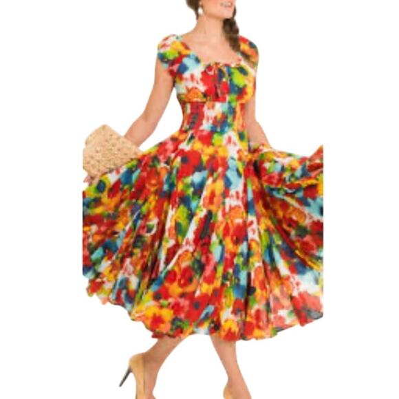 Grace Elements Dresses & Skirts - Grace Elements Colorful Watercolor Floral Swing Midi Dress Medium Fit Flare Boho